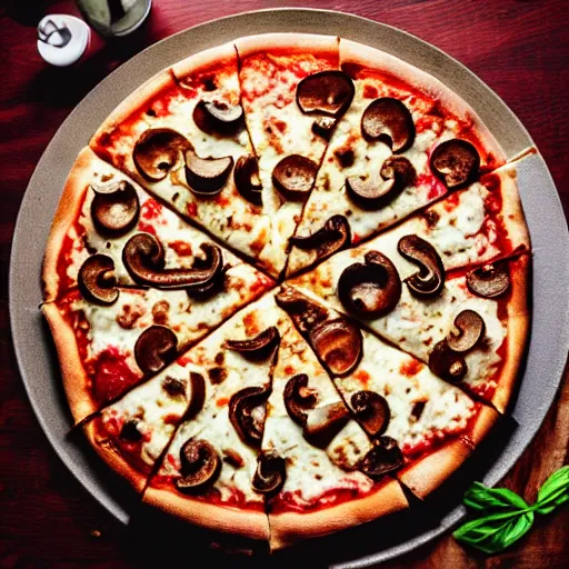 Image similar to A delicious plate of pizza, pepperoni, mushrooms, food photography, michilin star