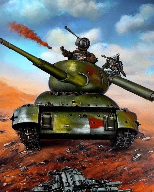 Image similar to t - 3 4 mech!!! armed with a 7 5 mm cannon for an arm, humanoid figure, oil painting, ( ( soviet tank ) ), tribal yurta, postapocalyptic, sharp focus