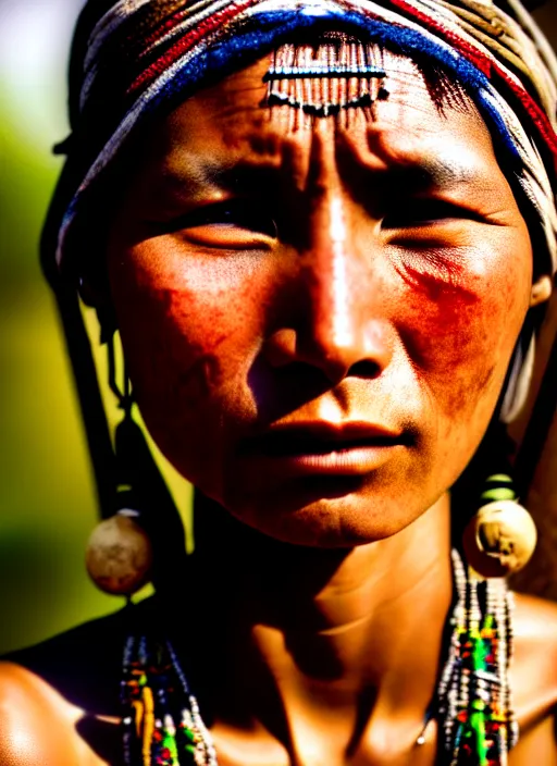 Prompt: portrait of a epically beautiful tribal woman by national geographic, cinematic, 8 0 mm,
