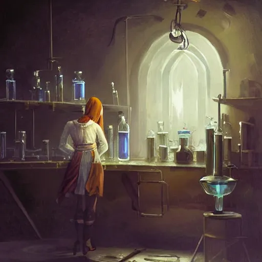 Prompt: dark-elf dressed as alchemist working in laboratory, oil painting, by Greg Rutkowski