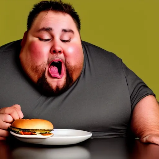 Prompt: a fat man crying while eating a cheeseburger