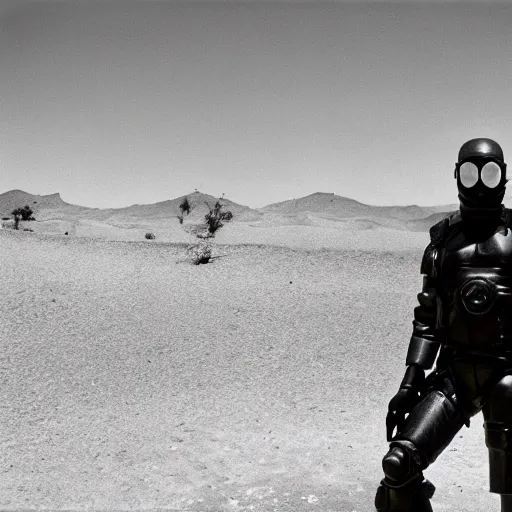 Image similar to a heavily armored man wearing a hazmat suit and gasmask, in the desert, surrealist structures in background, film still, arriflex 3 5