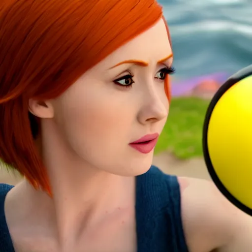 Prompt: Karen Gillan as Misty from Pokémon, Indigo League, outstretched arm holding a Poké Ball, close-up shot, photo realism, cinematic, realistic, 8K