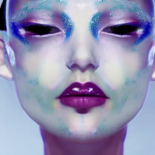 Prompt: high fashion photography of a model in neo futurism white sci - fi makup, transparent cloth, beautifully lit