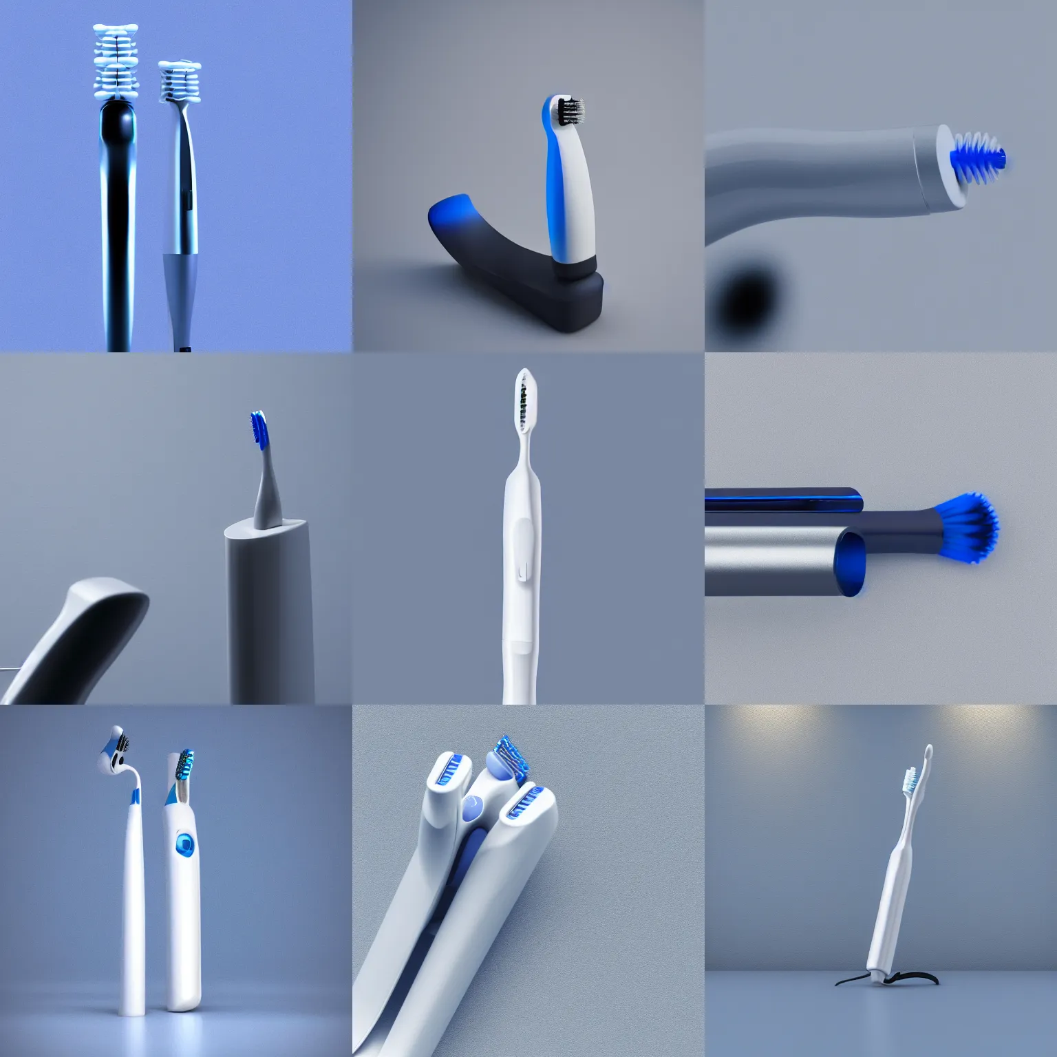 Prompt: ( electric toothbrush ) designed by apple, studio photo, white backdrop, studio light, solid works, octane render, macro shot, in focus, depth of field, silver, blue, black design