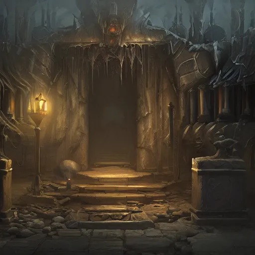 Image similar to A eerie, dark and mysterious, impressive, amazing concept art digital CG painting of a Necromancers lair, trending on ArtStation, Unreal Engine