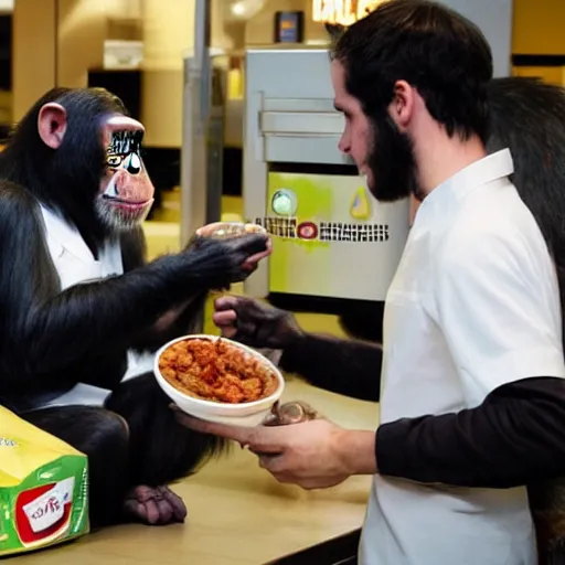 Image similar to little chimpanzees straling food from people in mcdonald