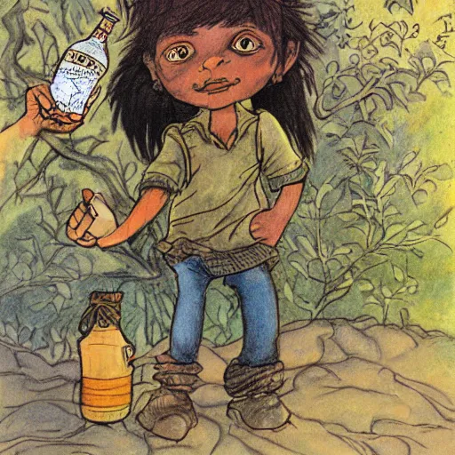 Image similar to award winning julia donaldson and rebecca guay style illustration drawing of a friendly south african boy and is little brother who holds a hazardous bottle, in a sunny african urban township environment in the 1 9 9 0's.