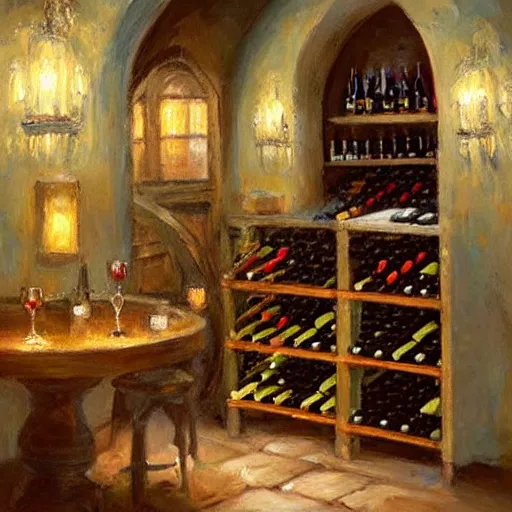 Image similar to wine cellar full of food, torches on the wall, romantic, inviting, cozy, Christian Weston Chandler (Chris Chan), painting Vladimir Volegov