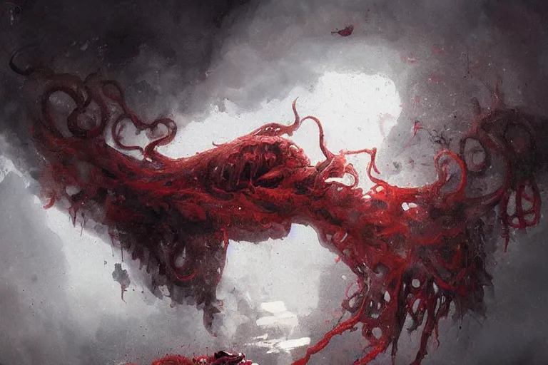 Image similar to painting by greg rutkowski of a flying human head with tears running down it's face face that is chalk white in color, with tentacles coming of the neck, fiery scorching red eyes, flying in a terrying hell like cavernous place