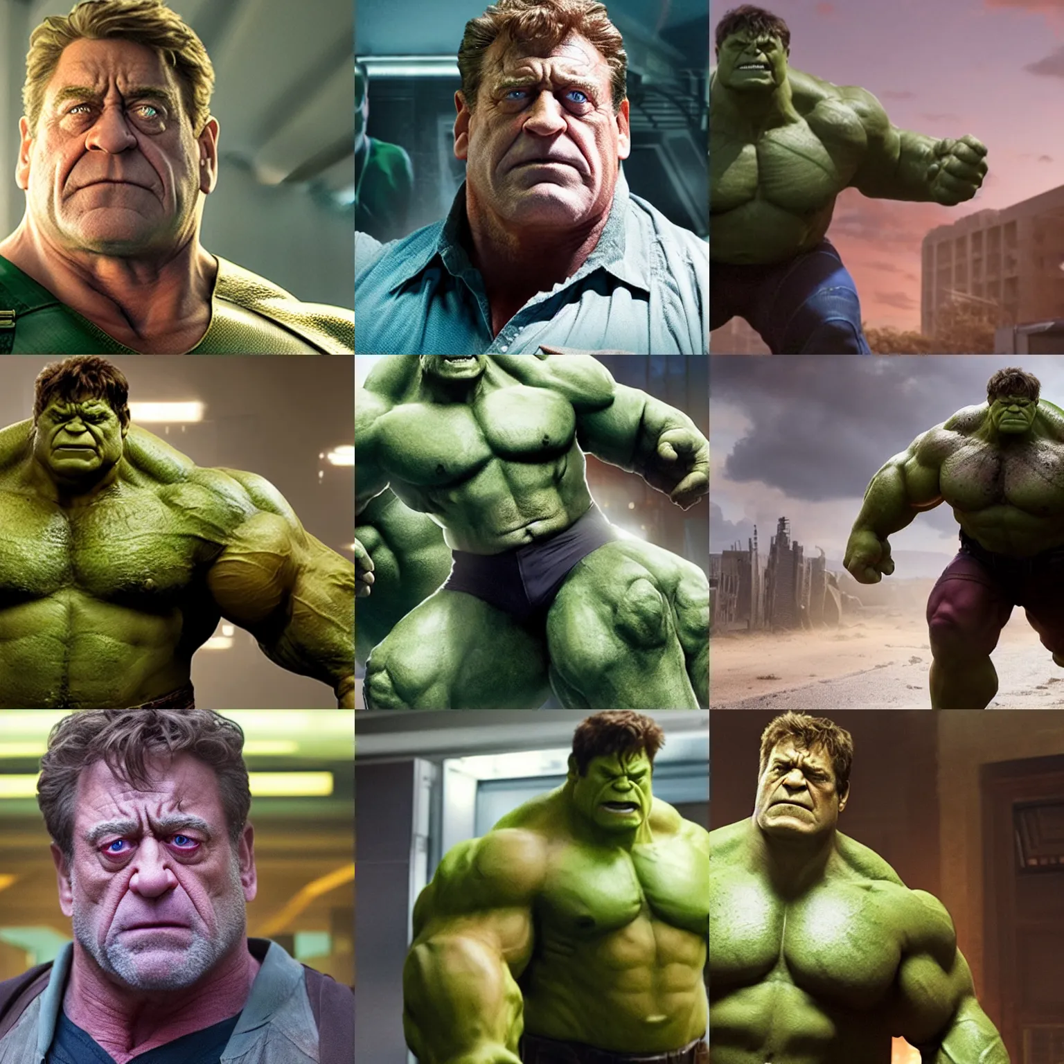Prompt: film still of john goodman as hulk in avengers endgame