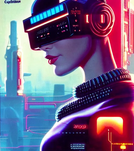 Prompt: cable plugged in, side of head, very very beautiful woman, cyberdeck computer terminal, 1 9 7 9 omni magazine cover, style by vincent di fate, cyberpunk 2 0 7 7, very coherent, detailed, 4 k resolution, unreal engine, daz