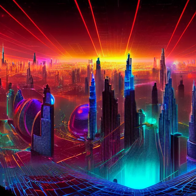 Image similar to futuristic cubes!!!!!! connected with glowing wires, centered, symmetry, painted, intricate, volumetric lighting, beautiful, rich deep colors masterpiece, sharp focus, ultra detailed, in the style of dan mumford and marc simonetti, with a clear crowded futuristic cyberpunk dubai city in the background, astrophotography