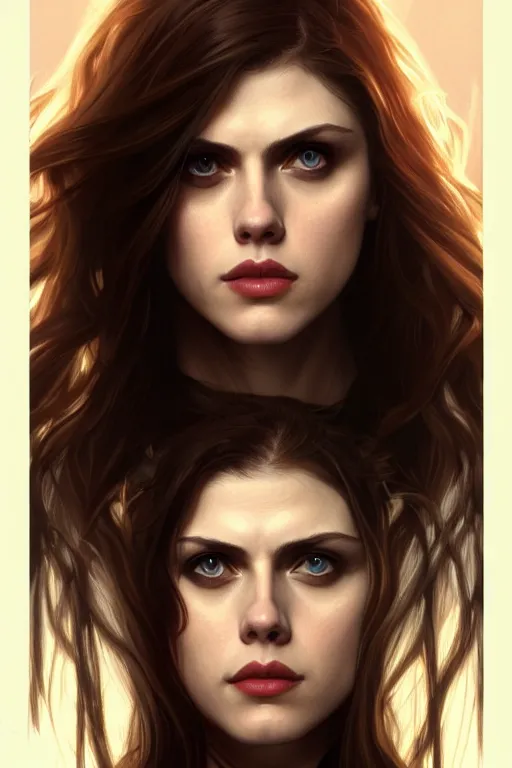 Image similar to alexandra daddario as black widow, realistic portrait, symmetrical, highly detailed, digital painting, artstation, concept art, smooth, sharp focus, illustration, cinematic lighting, art by artgerm and greg rutkowski and alphonse mucha