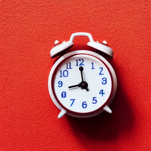 Image similar to Very tiny red alarm clock that looks like the iOS emoji and has the same colors, 3D clay render, 4k UHD, white background, isometric top down left view, diffuse lighting, zoomed out very far