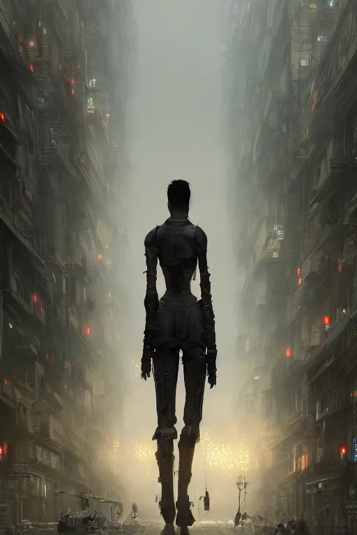 Image similar to a portrait of a small cyborg standing in the middle foreground walking in the street of a great mechanical city by Greg Rutkowski, Sung Choi, Mitchell Mohrhauser, Maciej Kuciara, Johnson Ting, Maxim Verehin, Peter Konig, final fantasy , mythical, 8k photorealistic, cinematic lighting, HD, high details, atmospheric,