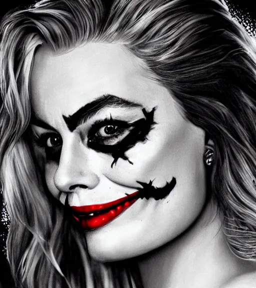 Prompt: margot robbie smiling portrait with joker makeup, black and white realism drawing, realistic face, beautiful eyes, highly detailed