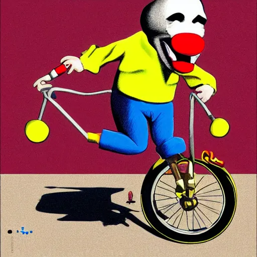 Prompt: funny clown riding a unicycle while juggling bowling pins, concept art, illustrated, highly detailed, high quality, bright colors, optimistic,