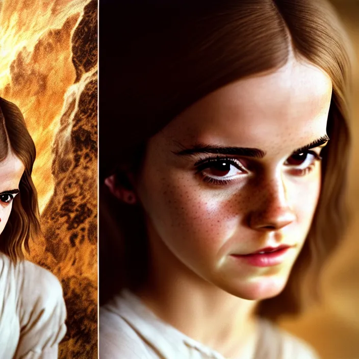 Prompt: Kodak Portra 400, 8K, soft light, volumetric lighting, highly detailed, Rena Nounen style 3/4 ,portrait photo of Emma Watson as Hermione Granger by WLOP, the face emerges from a lava flowing gold travertine terraces with lotus flowers, inspired by Ophelia paint , a beautiful luxurious fully clothed, hair is intricate with highly detailed realistic beautiful flowers , Realistic, Refined, Highly Detailed, ethereal lighting colors scheme, outdoor fine art photography, Hyper realistic, photo realistic, masterpiece