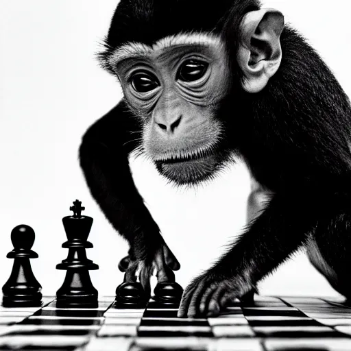 Image similar to black and white portrait photo of a monkey scratching his head, looking at a chess board, confused, annie liebovitz,