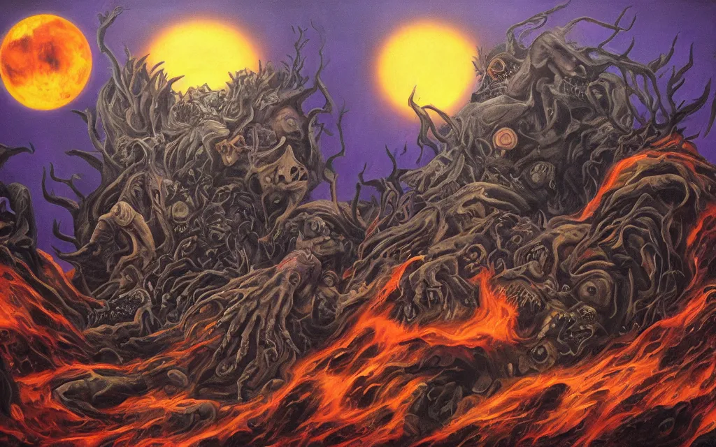 Image similar to black dead sun howling nightmare mythos dread sun of the void above the tomb wastes, award winning oil painting, dream mythos color palette