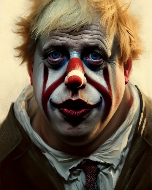 Image similar to boris johnson as clown character portrait, ultra realistic, concept art, intricate details, highly detailed by greg rutkowski, gaston bussiere, craig mullins, simon bisley