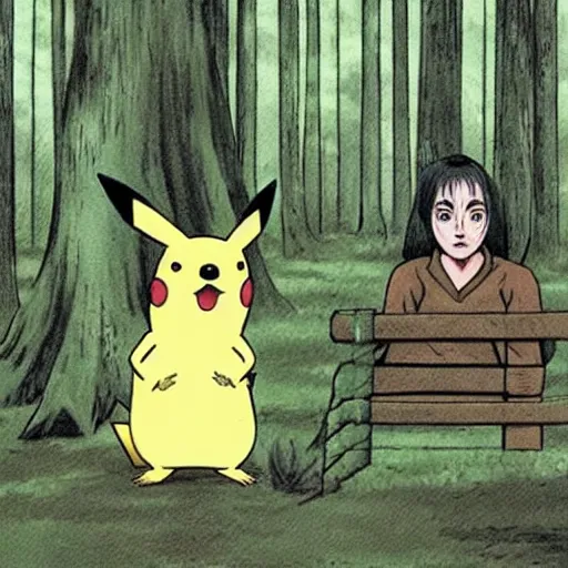 Prompt: Pikachu in a forest with his trainer by Junji Ito, scary, horror, eerie, ominous