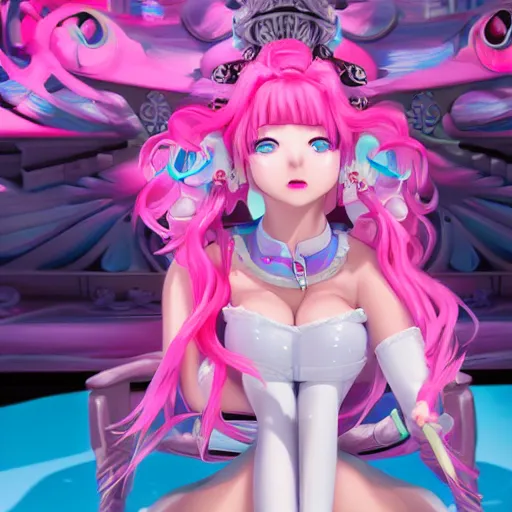 Prompt: stunningly beautiful omnipotent megalomaniacal anime goddess who looks like junko enoshima with symmetrical perfect face and porcelain skin, pink twintail hair and mesmerizing cyan eyes, looking down upon the viewer and taking control, mid view from below her feet, hyperdetailed, unreal engine 5, 8 k