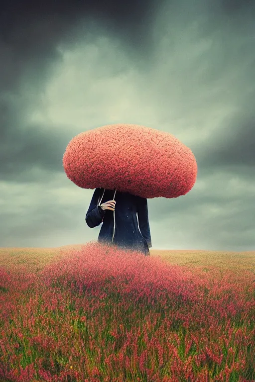 Image similar to portrait, giant flower head, a girl wearing a coat in heather field, surreal photography, wind and cold, dramatic sky, impressionist painting, digital painting, artstation, simon stalenhag