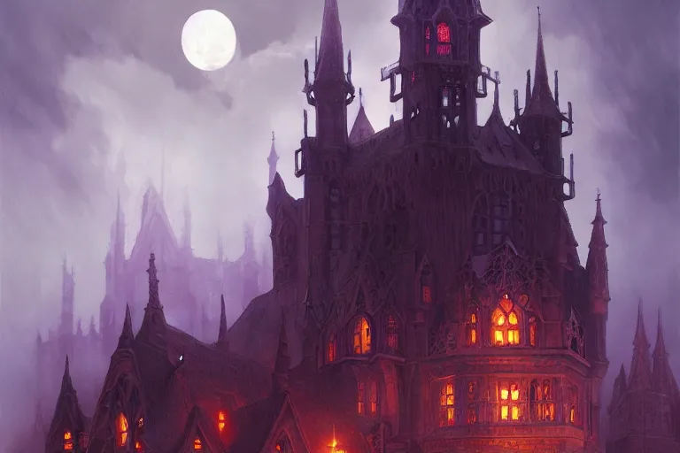 Image similar to foggy intricate gothic castle under the full moon, epic, intricate oil painting, high detail illustration, sharp high detail, manga and anime, official fanart behance hd artstation by jesper ejsing and makoto shinkai, 4 k,