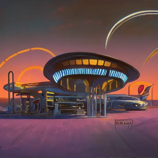 Image similar to painting of syd mead artlilery scifi organic shaped gas station with ornate metal work lands on a farm, fossil ornaments, volumetric lights, purple sun, beksinski