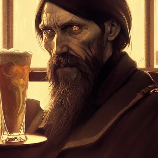 Image similar to photo by davy jones, rasputin face in the bar, highly detailed, digital painting, artstation, smooth, sharp focus, illustration, art by artgerm and greg rutkowski and alphonse mucha