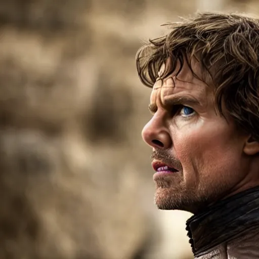 Prompt: Film still of Tom Cruise as Tyrion Lannister. Extremely detailed. Screenshot. 4K. Cinematic lighting.