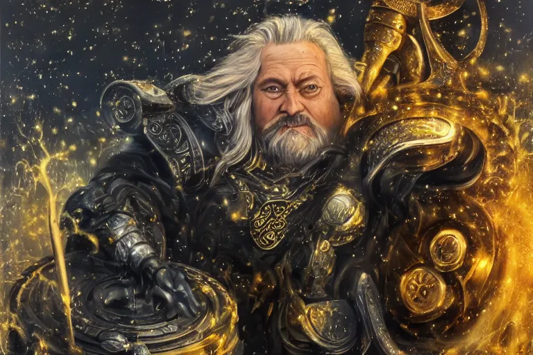 Prompt: odin all father supreme God of thunder and smithing and artificial intelligence creating an artificial neural network with gold synapses on an anvil with his mighty hammer, high resolution, award winning art, trending on art station, sharp image, incredibly detailed, detailed character, realistic painting, hyperrealistic painting