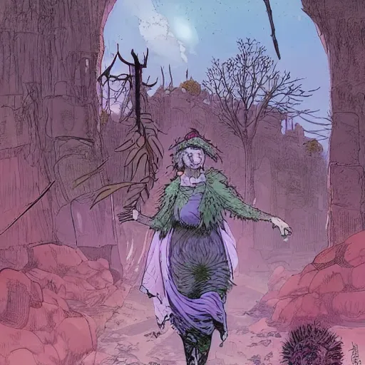 Image similar to ligne claire art of a druid in postapocalyptic city intertwined with nature in the open space, by moebius, bright colors, eisner award - winning spread