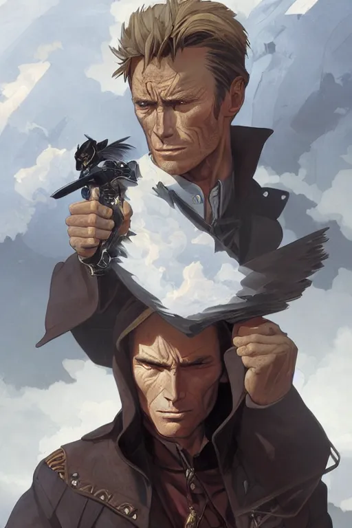 Prompt: young clint eastwood as full metal alchemist, portrait, western, duster, fantasy, intricate, elegant, highly detailed, digital painting, artstation, concept art, sharp focus, illustration, art by artgerm and greg rutkowski and alphonse mucha