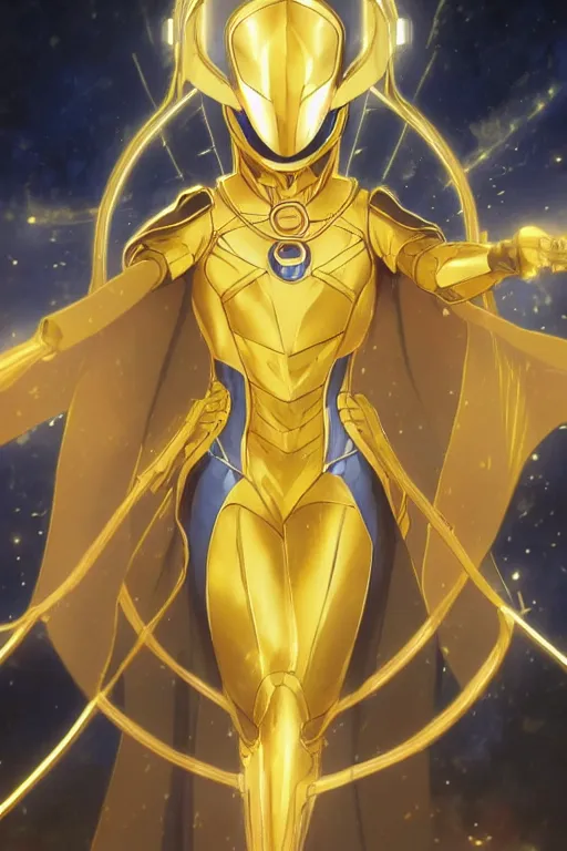 Image similar to anime key visual of a beautiful young female doctor fate!! intricate, gold and blue suit, cape, glowing, powers, dc comics, cinematic, stunning, highly detailed, digital painting, artstation, smooth, hard focus, illustration, art by artgerm and greg rutkowski and alphonse mucha