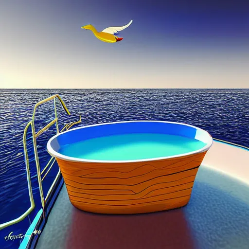 Image similar to cruise liner in the shape of a bathtub duck in the middle of the ocean. digital art