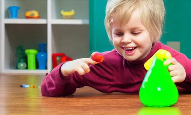 Image similar to kid playing with slime monster, realistic, toy commercial photo