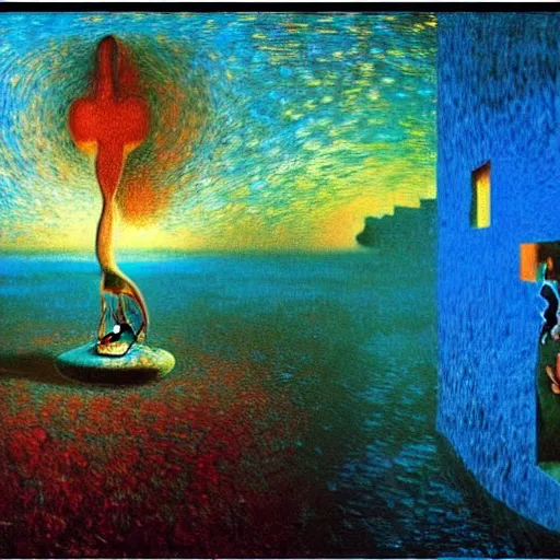 Prompt: An A.I. listens to music and generates a video - contest-winning artwork by Salvador Dali, Beksiński, Monet, and Van Gogh. Stunning lighting