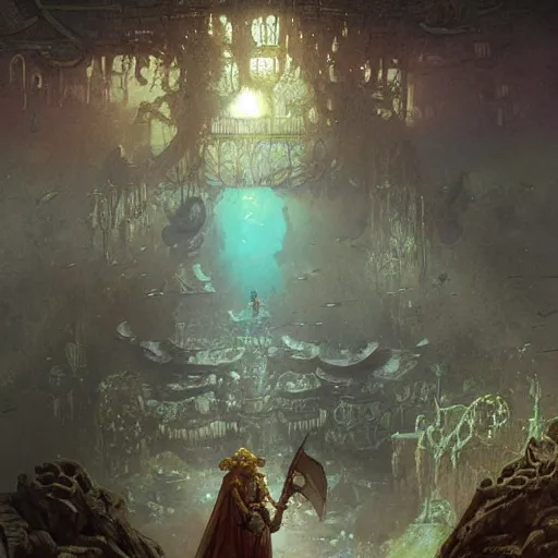 Prompt: the sunken city of Atlantic under water, Greg Rutkowski, Mucha, Moebius, Mohrbacher