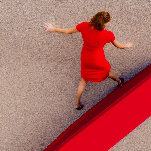 Prompt: a girl in a red dress climbing'' infinite stairs to heaven'' top view, sunset light, cinematic image, hyperrealistic, low iso, 4 k