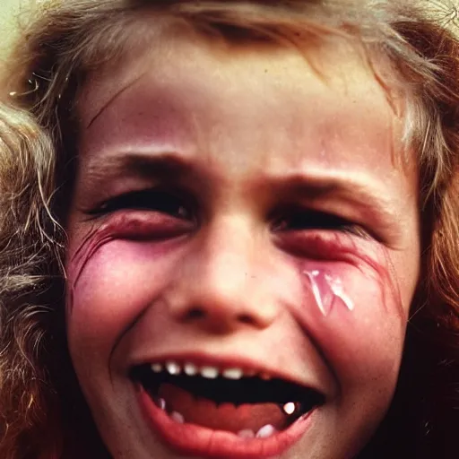 Image similar to a candid extreme closeup portrait of an expressive face of a happy through tears young woman by annie leibovitz