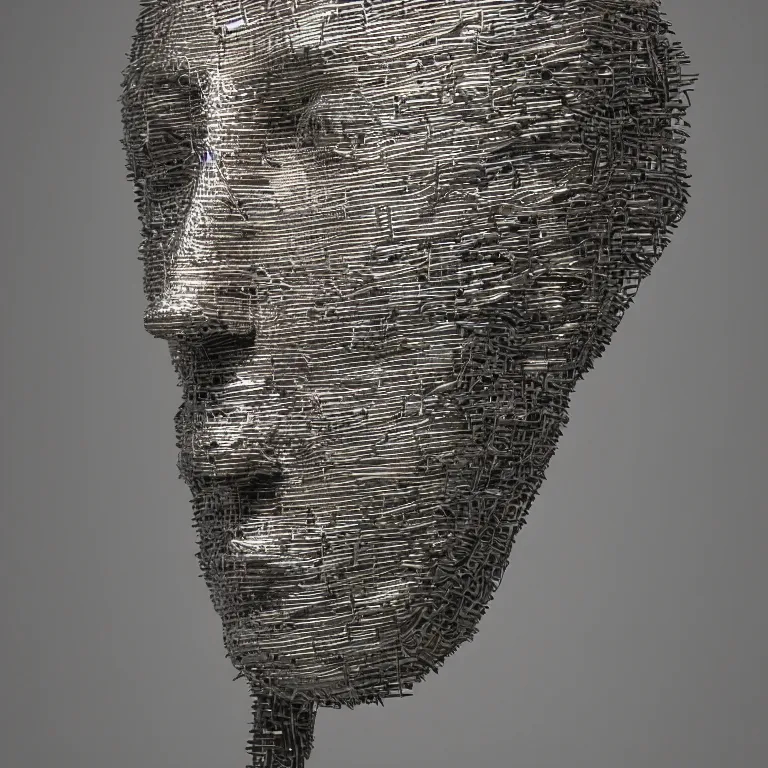 Prompt: sculpture of a head made from stainless steel staples, museum art, high concept, photorealistic!!, high resolution, dramatic lighting!!, modern art