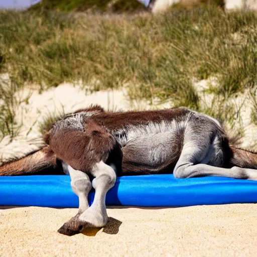 Image similar to A donkey lying on a sunbed near the beach, photorealistic