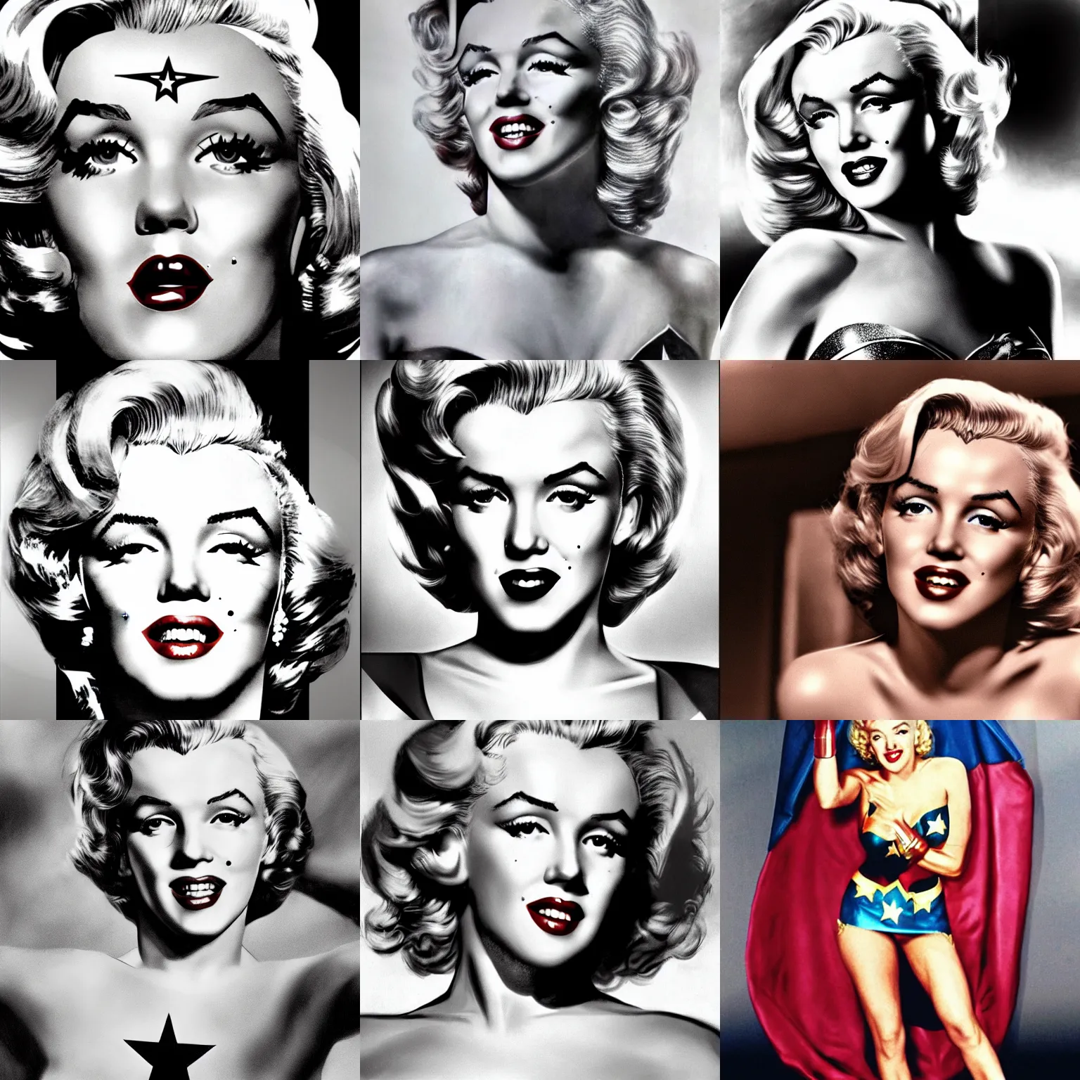 Prompt: marilyn monroe as wonder woman, hd, ultrarealistic, hyperrealistic, symmetrical face,