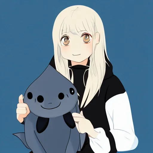 Image similar to a blonde girl in a black hoodie holding a blue-shark-stuffed-animal, anime style digital art