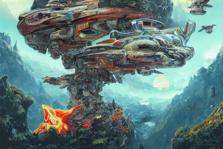 Prompt: cute dog overlooking a multiversal otherworldly realm with flying mecha shark with chic streets and shops and volcanic lava eruption mountain with lush garden and waterfalls and intricate luxurious scifi shrines, star trek style, by peter mohrbacher, jeremy mann, francoise nielly, james jean, ross tran, beautiful, award winning scenery, clean details, serene