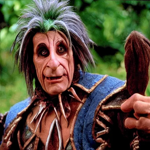 Image similar to Anthony fauci as Hoggle from Movie the Labyrinth. Wearing blue gloves.