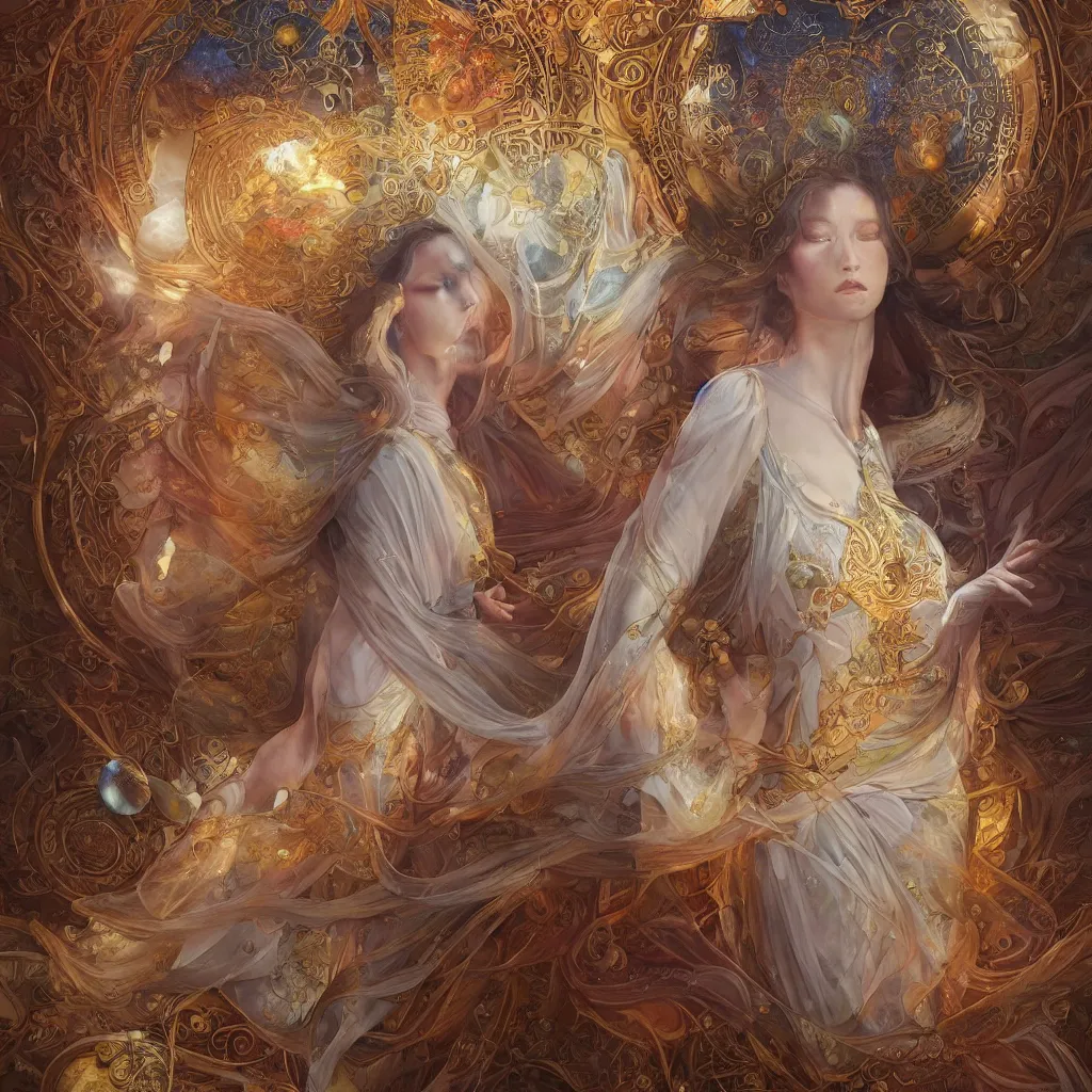 Prompt: full view realistic ethereal Goddess of the solar system wearing a beautiful dress by Mandy Jurgens and Ruan Jia, ornate art nouveau background by Elisabeth Sonrel, iconography stained glass solar system background, mystical oil on linen, award-winning, dramatic lighting, intricate details, realistic, full view, Artstation, CGsociety